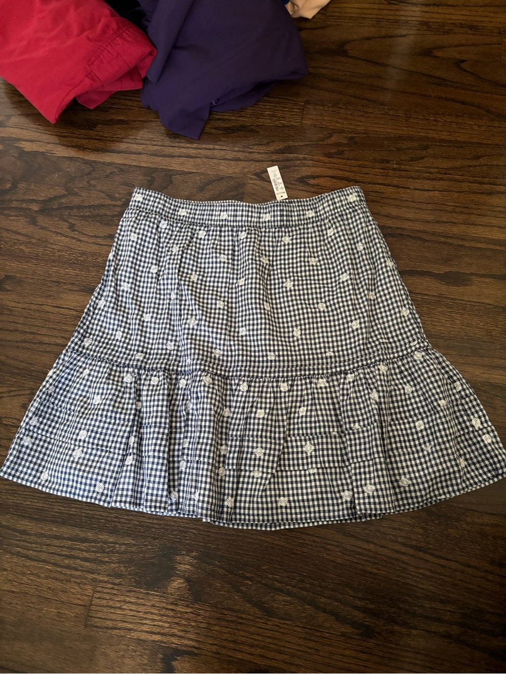Madewell Blue Gingham Mini Skirt with White Floral Embroidery